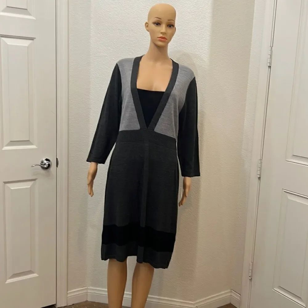 Connected Apparel Dress Size X Large Gray Black Charcoal Midi 3/4 Sleeves